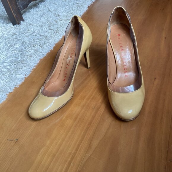 Walter Steiger Heels Pin Up Nude Beige Camel Pumps 38 / 7.5 Patent Leather Round - Picture 5 of 13